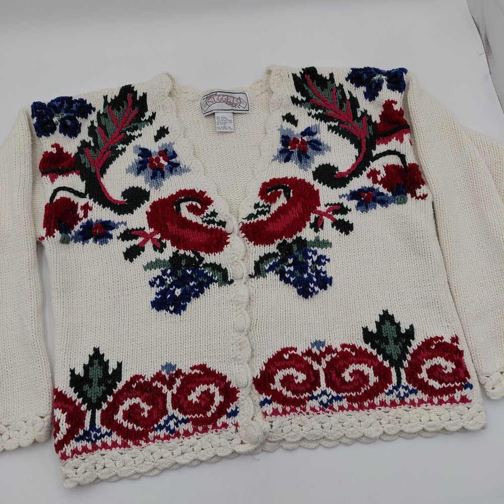 Vtg 80s Nuggets L Cardigan Sweater Cottagecore Granny Floral Prairie Crochet